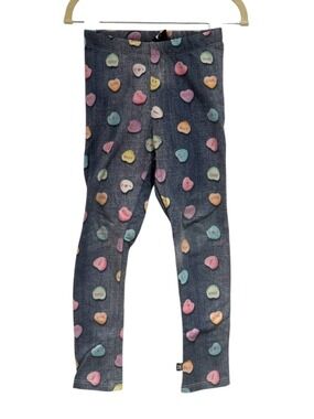 PIXIE LANE blue denim-look  / conversation hearts pastel print leggings - size 4